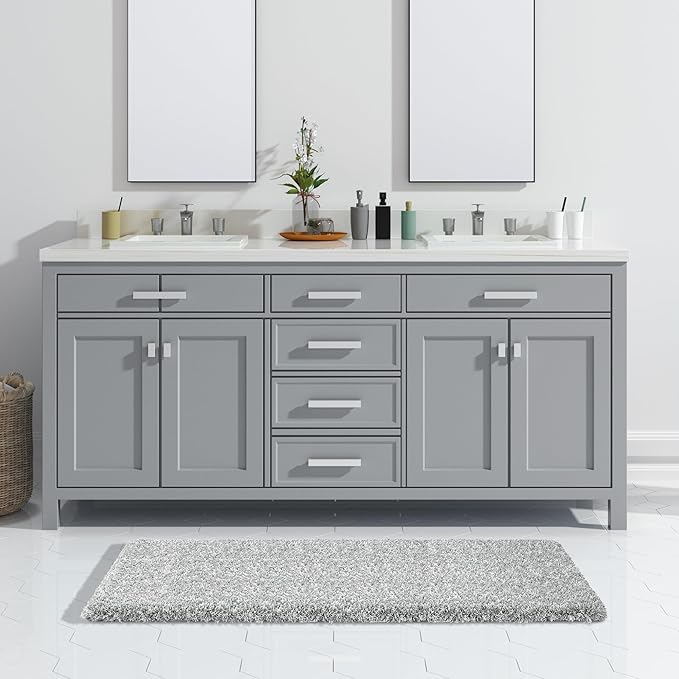 Yimobra Long Bathroom Rug 47"x 24", Super Absorbent Bath Mat, Quick Dry, Luxury Non-Slip Bath Rugs for Tub Side, Double Sink Vanity, Machine Washable, Home Decor Accessories, Light Gray and White
