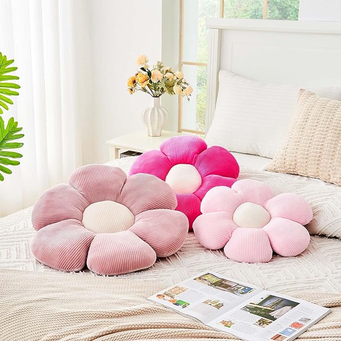 Pink Flower Pillow, 19.6" Cute Flower Shaped Floor Pillow, Aesthetic Floral Plush Daisy Decorative Throw Pillows for Bed Sofa Couch