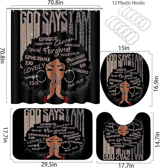 4Pcs Bathroom Shower Curtain Sets, Inspirational Quote Afrcian American Queen Shower Curtains with Rugs Toilet Lid Cover Bath Mat, Praying Black Girl Fabric Home Decorations Bath Mat Sets