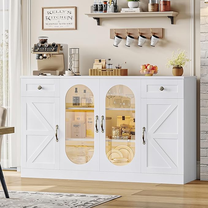 Keyluv Buffet Cabinet 55" Large Storage Coffee Bar with Drawer and Shelves, 3 Spacious Shelves Behind Glass Doors Sideboard Cabinet, Modern Farmhouse Furniture for Kitchen/Dining/Living Room, White