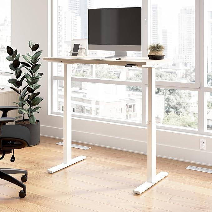 Bush Business Furniture 48-inch Electric Height Adjustable Standing Desk, Ergonomic Sit-Stand Computer Table for Home and Professional Office, Move 60 Series, Natural Elm with White Base
