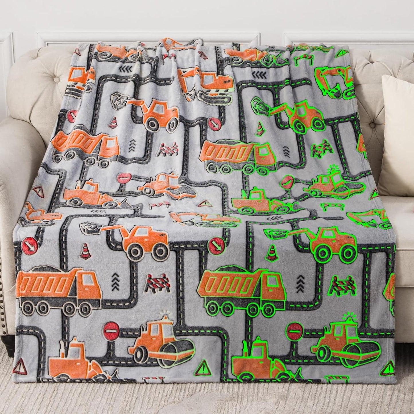 Kids Boys Construction Excavator Gifts Toys - Glow in The Dark Truck Blanket Birthday Christmas Valentine's Easter Gift for Age 1 2 3 4 5 6 7 8 9 10 Years Old Teen Toddlers Car Plush Throw 50"x60"