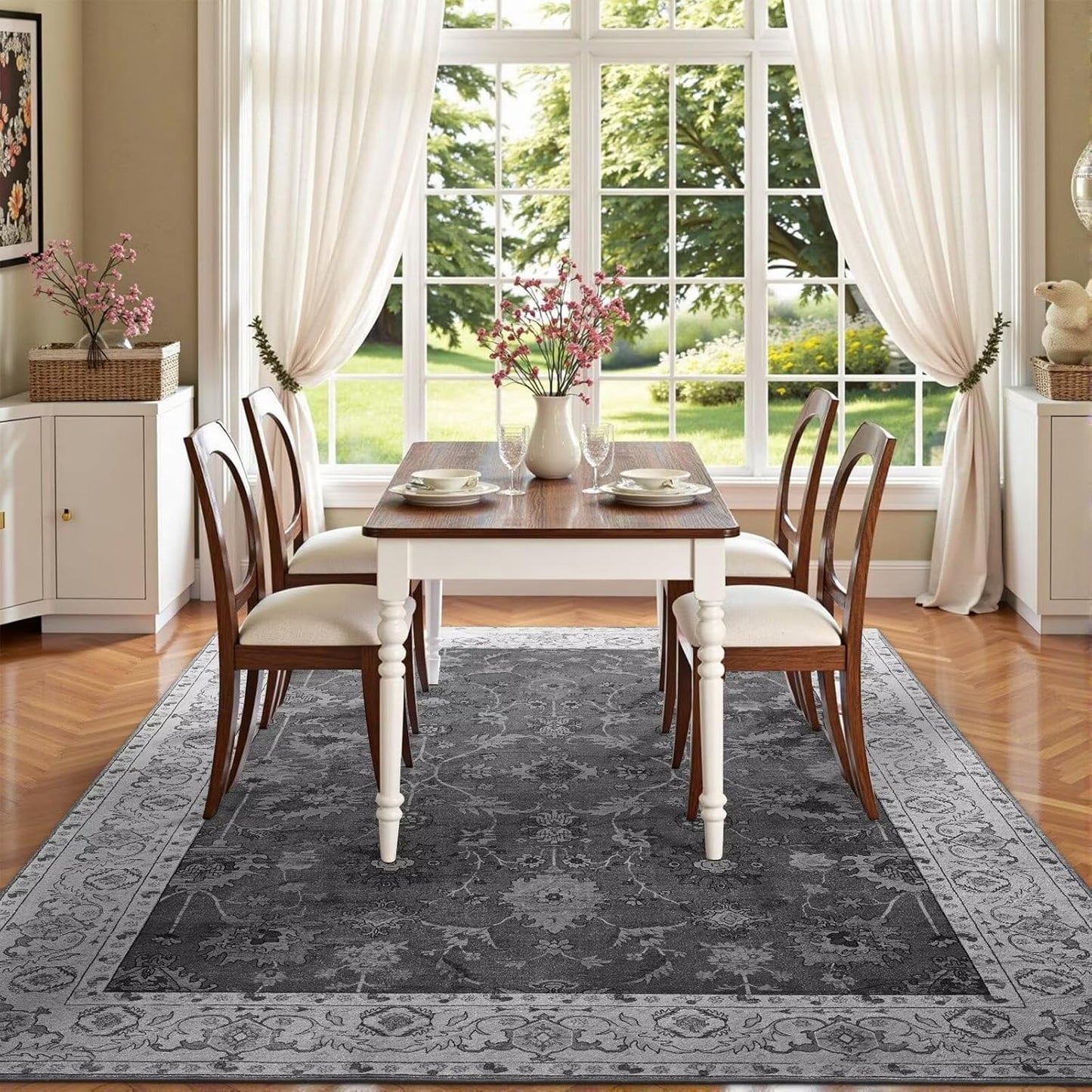 Vasofe 6x9 Rug for Bedroom, Washable Living Room Rugs for Dining Room, Black Indoor Floor Mat, Vintage Floral Mats for Home Decor, Farmhouse, Laundry Room, Non Slip Low Pile Soft Modern Carpet