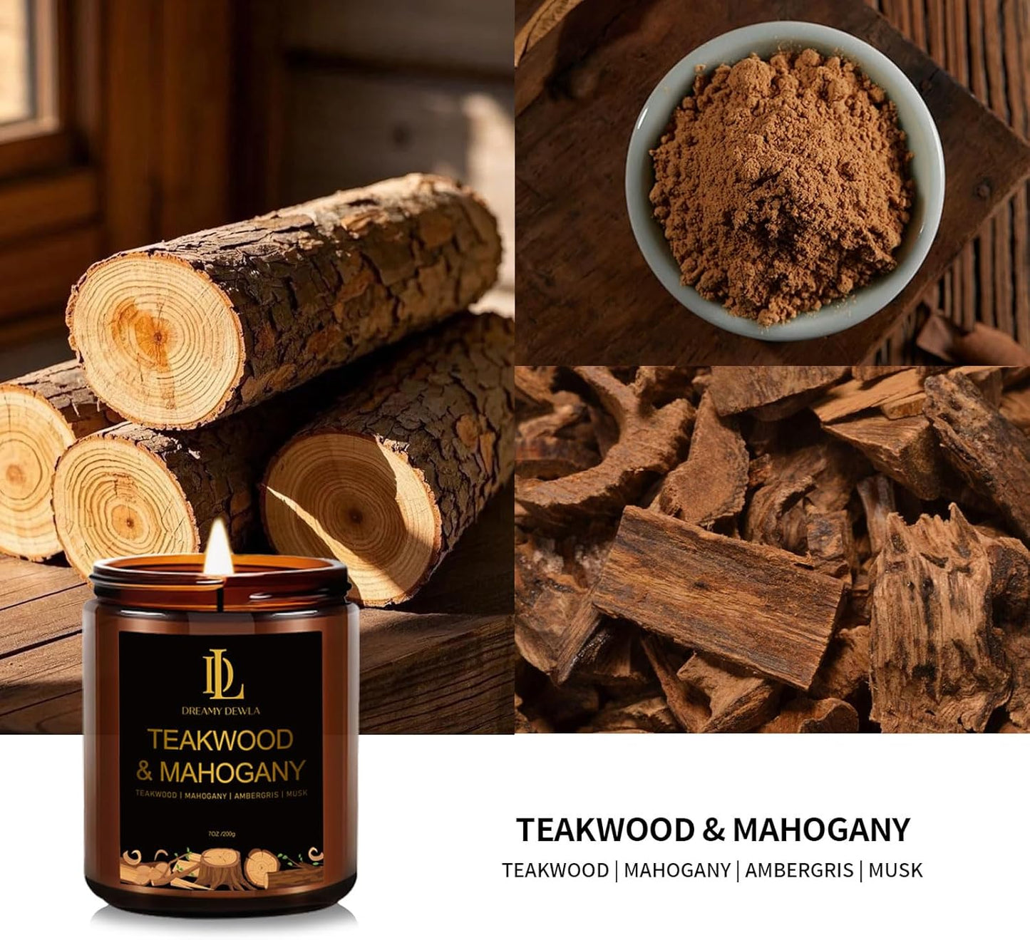 Teakwood & Mahogany Candles, Teakwood Mahogany Scented Candle, Natural Soy Candles for Home Scented, Long Lasting with 50 Hour Burn Time, Gifts for Men Women