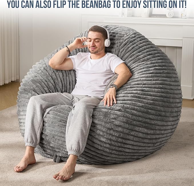 Hobestluk 6ft Bean Bag Chairs for Adults Large Beanbag Chair with Stripe Plush Cover Big Bean Bag Chair for Living Room Bedroom Dorm Office - Grey (70" x 70" x 15")