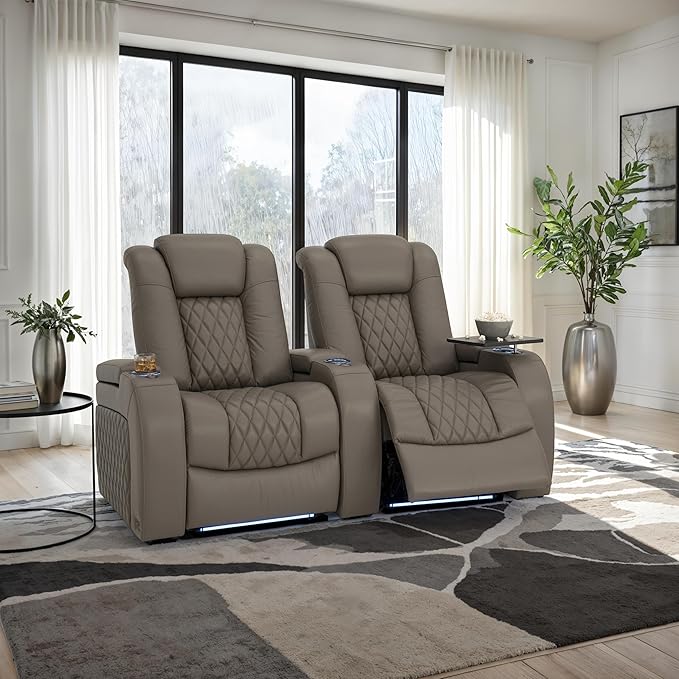 Seatcraft Diamante Zero-Gravity CoolZero Italian Leather Home Theater Seating, Power Headrest, Power Recline, Row of 2, Gray