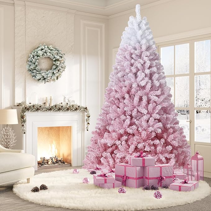 GarveeHome Pink Christmas Tree, 7.5ft Snow Flocked Artificial Christmas Tree with LED Warm White Lights & Metal Stand, Prelit Xmas Holiday Decoration for Home, Office, Party