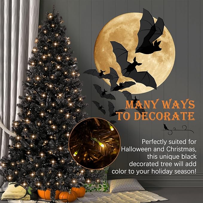 4FT Pre-Lit Black Christmas Tree, Small Artificial Halloween Tree with 450 PVC Branch Tips, 150 Warm Lights & Foldable Metal Stand Home Seasonal Holiday Decoration