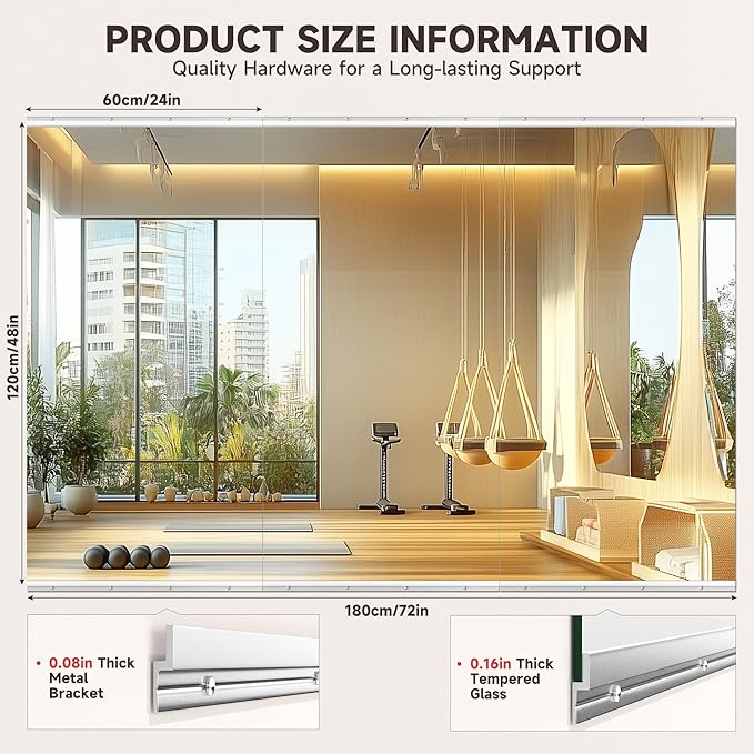 Home Gym Mirror, 48'' x 24'' x 3PCS, Large Full Body Mirror for Yoga, Frameless Tempered Glass, Wall Mounted for Home Gym, Garage, Bedroom, Bathroom