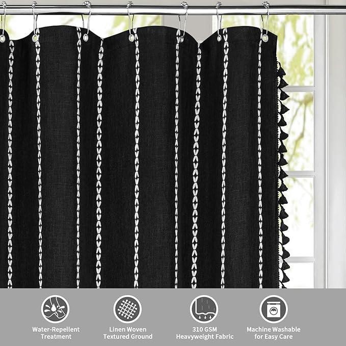 MitoVilla Black Boho Fabric Shower Curtain, Modern Farmhouse Polyester Linen Shower Curtains for Vintage Rustic Bathroom Decor, Country Tassel Thick Cloth Shower Curtain, 72 x 72