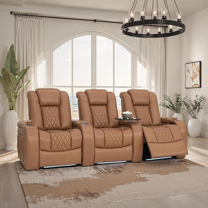 Seatcraft Diamante Zero-Gravity CoolZero Italian Leather Home Theater Seating, Power Headrest, Power Recline, Row of 3, Tan Oak