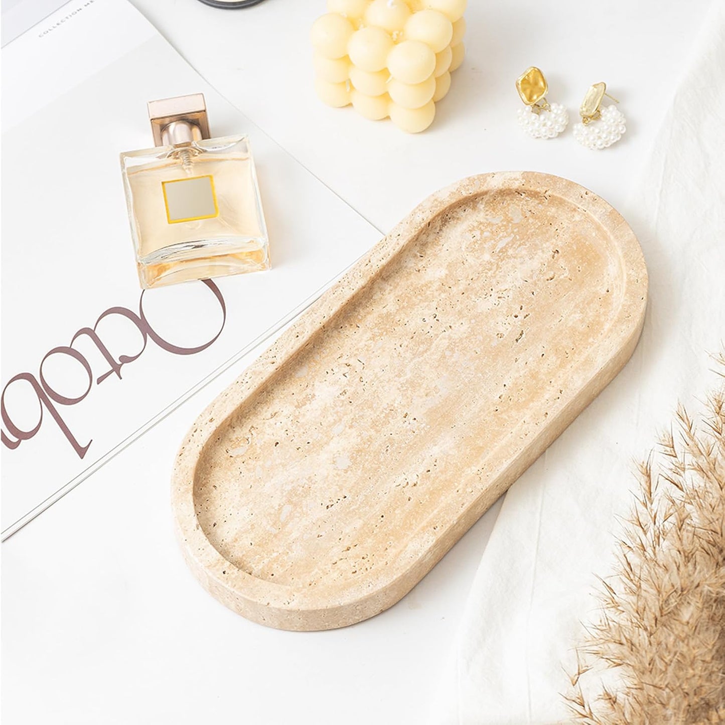 WORHE Italy Natural Travertine Stone Tray for Jewelry, Candles, Perfume, Trinket, Marble Oval Vanity Trays for Bathroom, Dresser, Kitchen, Countertop Storage Organizer for Home Decor Beige (WH028)