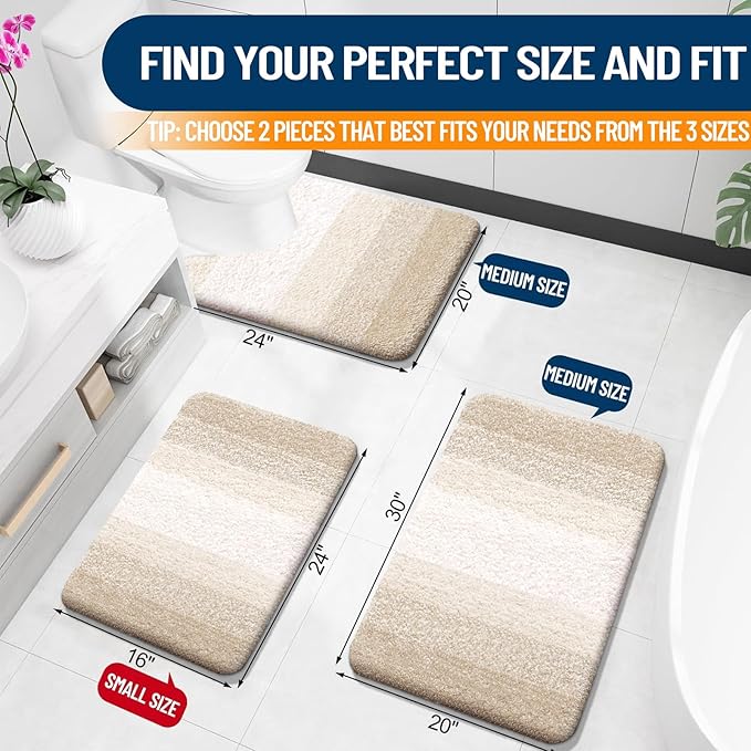 OLANLY Bathroom Rug Set 2 Piece, Soft Absorbent Microfiber Bath Mats and U-Shaped Contour Toilet Rug, Non-Slip, Machine Wash Dry, Plush Shaggy Bath Mats for Bathroom (24"x16"+24"x20", Light Beige)