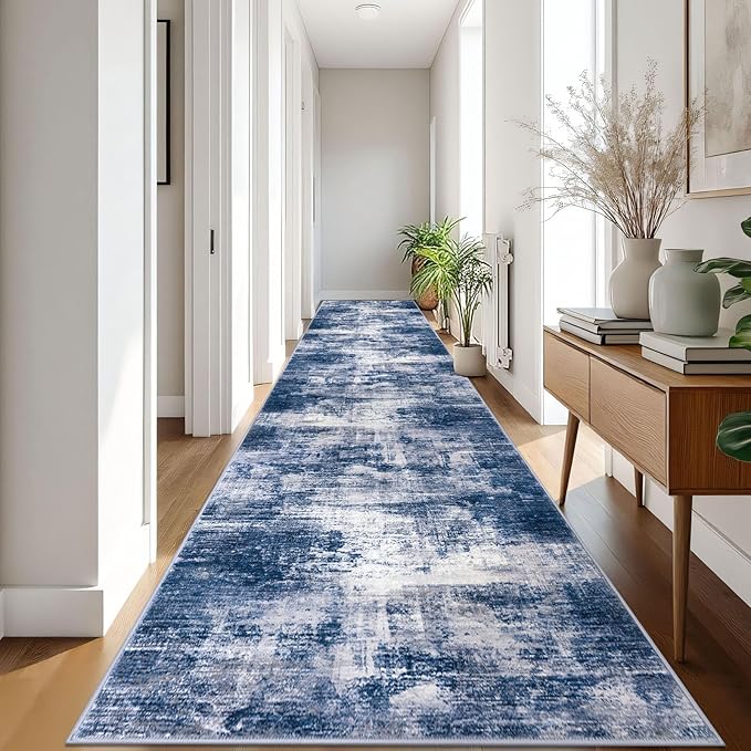 IOHOUZE Abstract Runner Rug 3x18 Ft Washable Runners for Hallways, Non Slip Kitchen Runner Printed Faux Wool Entryway Runner Indoor, Modern Abstract Floor Carpet for Hall Stair, Navy/Grey