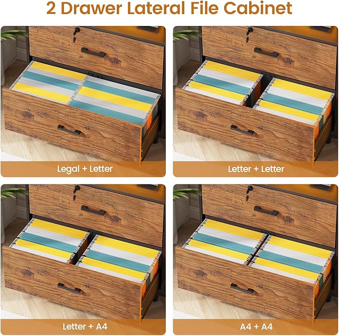 SEDETA 59" File Cabinet, 2 Drawers Filing Cabinets for Home Office fit Legal/Letter/A4 File, File Cabinet with Lock & Power Outlets, Printer Stand with Storage & LED Lights, Rustic Brown