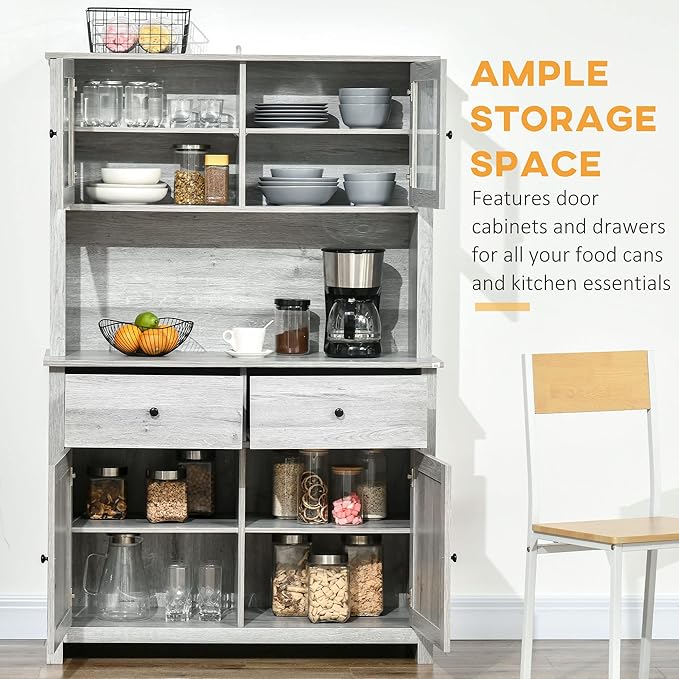 HOMCOM 63.5" Kitchen Buffet with Hutch, Pantry Storage Cabinet with 4 Shelves, Drawers, Framed Glass Doors, Open Microwave Countertop, Ash Grey