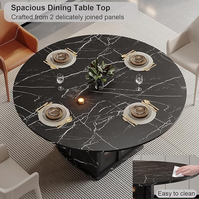 IBF Black Round Dining Table with Fridge Space, 47" Faux Marble Dining Room Table for 4-6, Modern Kitchen Tables with Storage Shelf, Circle Wood Dinner Tables for Home, Black Marble, Only Table