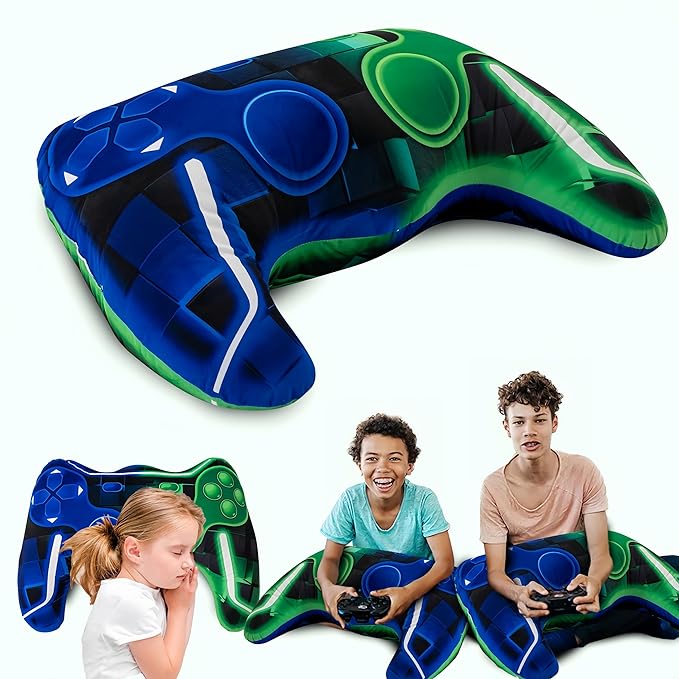 Meeting Story Game Controller Shaped Plush Throw Pillow Cushion for Boys and Girls Gamer Room Decoration for Sofa Couch/Computer Chair/Bed Gifts for Teen Boys Gaming Toy Pillow (Green Blue, Large)