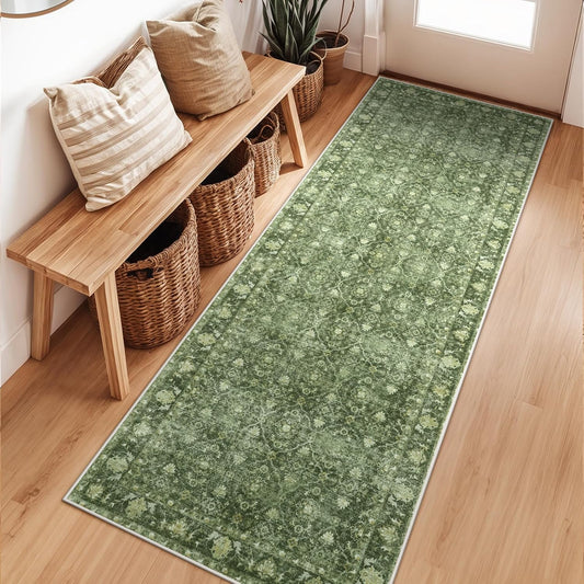 Vintage Green Washable 2x6 Runners for Hallways, Boho Kitchen Runner Rug Non Skid, Soft Low Pile Floor Carpet for Entry Bathroom Bedside High Traffic Area (2'x6', Green)