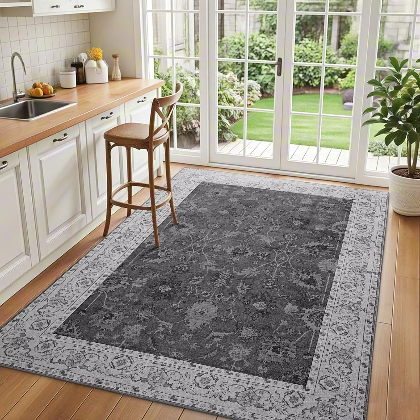 Vasofe 4x6 Rug for Bedroom, Washable Living Room Rugs for Dining Room, Black Indoor Floor Mat, Vintage Floral Mats for Home Decor, Farmhouse, Laundry Room, Non Slip Low Pile Soft Modern Carpet