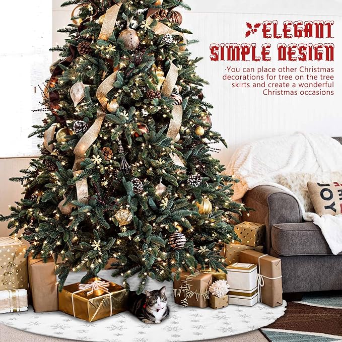 Hommtina Christmas Tree Skirt 48 Inches White Tree Skirt,Christmas Tree Decorations Faux Fur Tree Skirt for Xmas Holiday Home Party Decorations Ornaments(Snowflake)