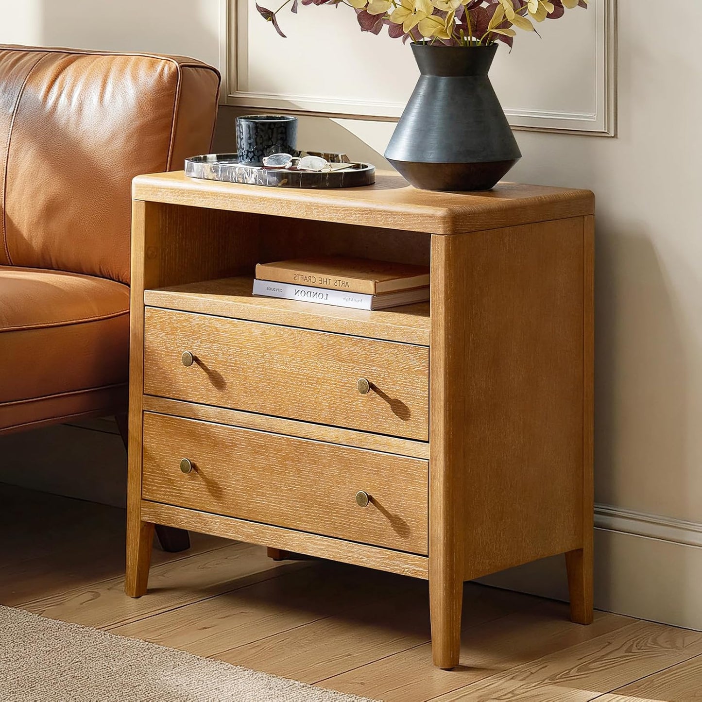 HULALA HOME Nightstand with Charging Station, Modern 2 Drawer Night Stand with Solid Wood Frame, Large Wood Bedside Table with Open Storage Space, Oak