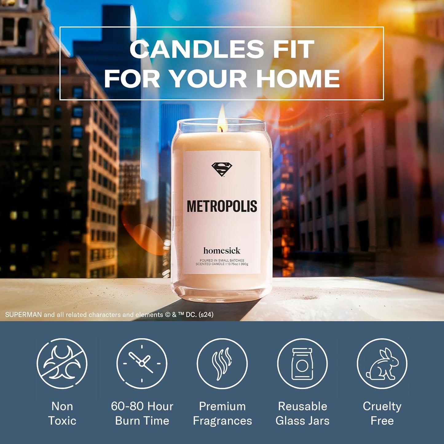 Homesick Scented Candles for Home (Metropolis) - 13.75 oz Long-Lasting Soy Wax Jar Candle for Women & Men for All Occasions, 60-80 Hours Burn Time - Notes of Bergamot, Amber, Tonka & Musk