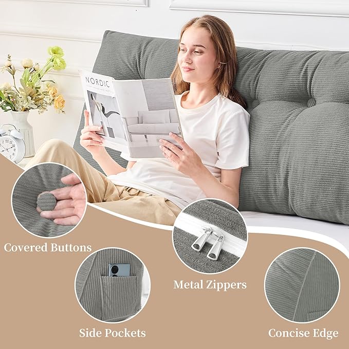 Sasttie Headboard Pillow Full, Wedge Pillow Headboard for Sitting Up in Bed, Back-Rest Support Triangular Cushion for Reading - Features Removable Washable Cover, Light Grey