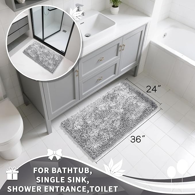 Yimobra Large Bathroom Rug Non Slip 36x24 Inch, Extra Thick Soft Absorbent Chenille Bath Mat, Machine Washable Bath Rugs for Bathroom Floor, Tub and Shower, Home Decor Accessories, Light Grey