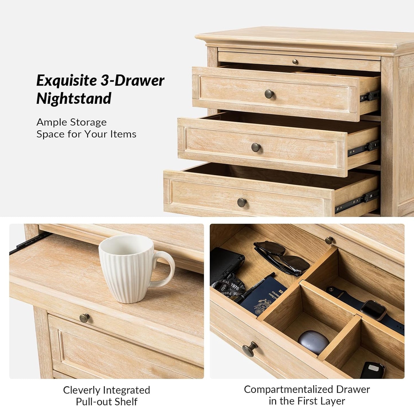 HULALA HOME Farmhouse 3 Drawer Nightstand with Tray, Drawer Organizer with Solid Wood Legs, Nightstand with Charging Station(Natural)