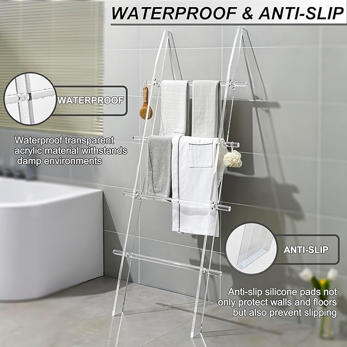 67 in Blanket Ladders, 4 Tier Modern Decor Waterproof Towel Rack for Bathroom, Living Room and Bedroom, Easy Assembly Transparent Blanket Holder, Leaning Quilt Ladder with Anti Slip Pads