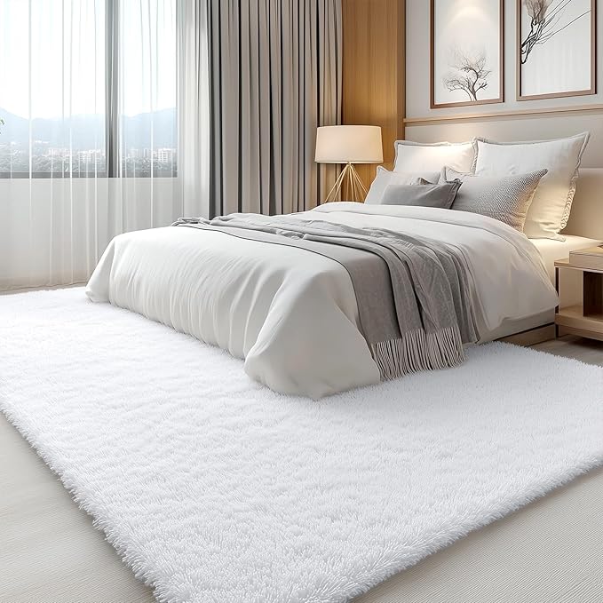 OLANLY Area Rugs for Living Room Bedroom, Machine Washable 4x5.9 ft Soft Fluffy Shaggy Bedside Rug, Indoor Floor Carpet for Kids Girls and Boys, Dorms, Nursery Rooms, Home Decor Aesthetic, White