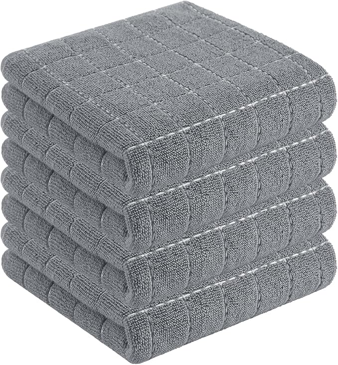 Homaxy 100% Cotton Terry Kitchen Towels(Grey, 13 x 28 inches), Checkered Designed, Soft and Super Absorbent Dish Towels, 4 Pack