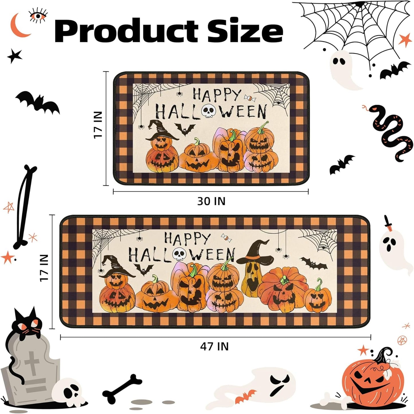 2 Piece Halloween Kitchen Decor Rugs Set,Cute Pumpkin Kitchen Rugs and Mats Non Skid Washable Absorbent Kitchen Accessories Decoration Floor Mats 17"x47"+17"x30"