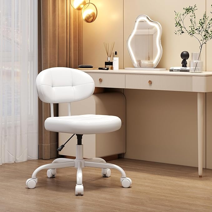 Misolant Vanity Chair with back, Small Armless Cute office Chair with wheels and Lumbar support, Comfy PU Leather Desk Computer Chairs with Adjustable Height, 360°Swivel for Home Bedroom Office, White