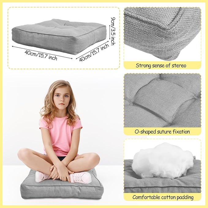 Juexica 8 Pcs Floor Cushions for Kids Floor Pillows Flexible Seating Cushions 3.5'' Thick Flexible Seating Classroom Furniture Meditation Seat Pillows for Home Nursery Yoga Decor(Grey,Square)