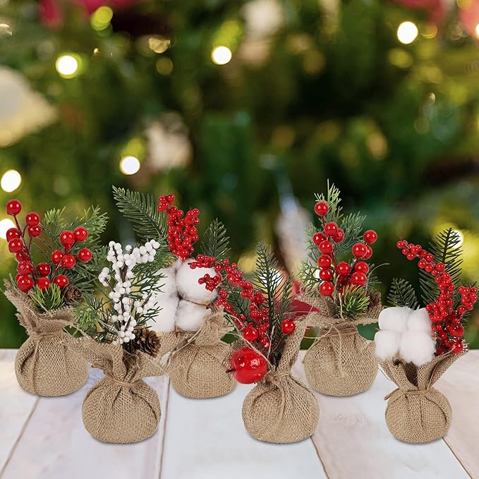 winemana 6 Pcs Mini Christmas Tree Table Decorations, 8" Small Artificial Trees with Red Berries Pine Cone Greenery Tabletop Centerpiece for Home Office Room Holiday Decorations