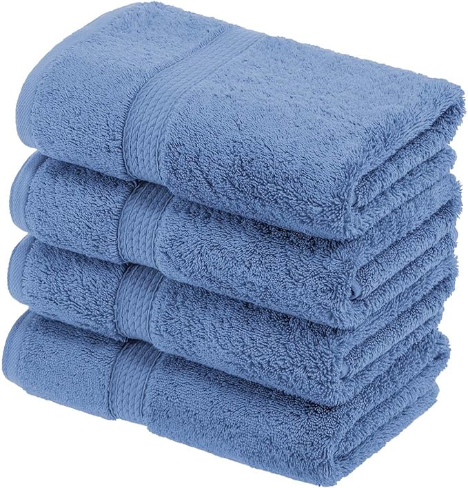 Superior Egyptian Cotton Pile Hand Towel Set of 4, Ultra Soft Luxury Towels, Thick Plush Essentials, Absorbent Heavyweight, Guest Bath, Hotel, Spa, Home Bathroom, Shower Basics, Denim Blue