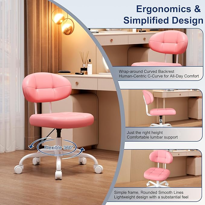 Misolant Vanity Chair with Back, Small Armless Cute Office Chair with Wheels and Lumbar Support, Comfy PU Leather Desk Computer Chairs with Adjustable Height, 360°Swivel for Home Bedroom Office, Pink