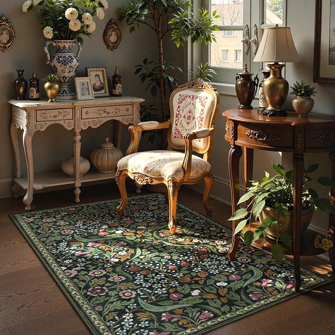 Lahome Floral 3x5 Rugs for Entryway, Botanical Green Machine Washable Boho Throw Rugs for Entrance, Non-Slip Maximalism Stain-Resistant Soft Carpet for Bedroom, Kids Room, Dorm