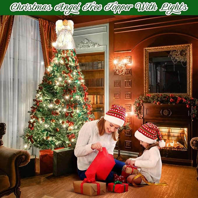 Angel Christmas Tree Topper with Light, Lighted Tree Toppers Christmas Decorations, Elegant and Durable, Perfect for Holiday Home Decor and Gifts, White, WOKEISE