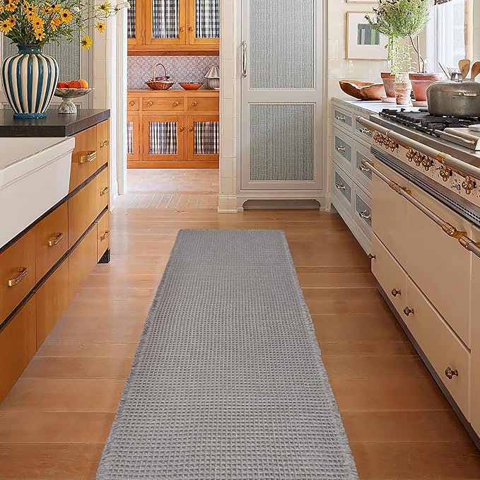 ZALL Grey Waffle Bath Mat,Super Absorbent Non Slip Long Bathroom Runner Rug,Gray 24X72inch,Machine Washable Ultra Soft Floor Mats