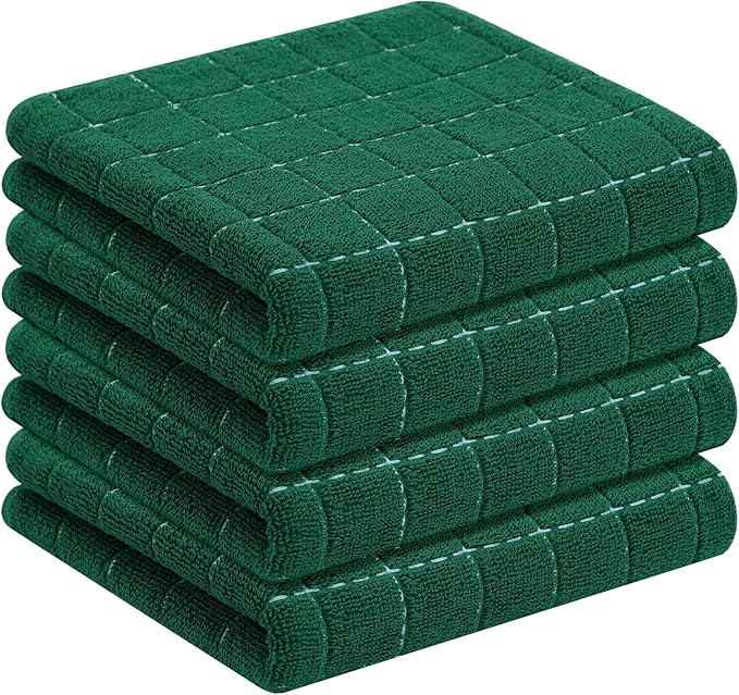 Homaxy 100% Cotton Terry Kitchen Towels(Dark Green, 13 x 28 inches), Checkered Designed, Soft and Super Absorbent Dish Towels, 4 Pack