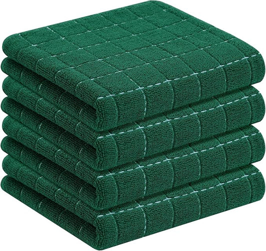 Homaxy 100% Cotton Terry Kitchen Towels(Dark Green, 13 x 28 inches), Checkered Designed, Soft and Super Absorbent Dish Towels, 4 Pack