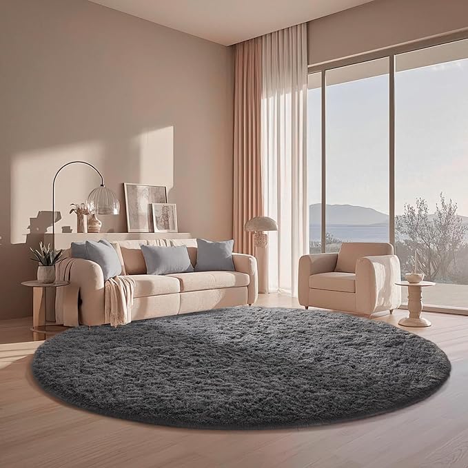 Ophanie Round Rugs 6Ft Grey Circle Area Rug, Fluffy Fuzzy Bedroom Carpet, Plush Soft Shaggy Indoor Floor Gray Living Room Rugs for Kids Home Decor Aesthetic, Nursery