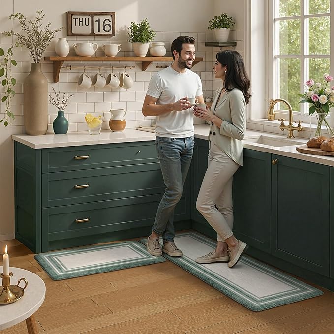 KIMODE Anti Fatigue Kitchen Mats,Farmhouse Kitchen Rugs Non Slip Rubber Backing,Waterproof Kitchen Mat for Floor,Cushioned Standing Mat for Kitchen,Laundry,Sink,Desk,Green