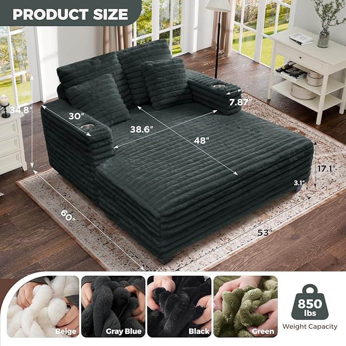 HUSFU 60'' Chaise Lounge Chair Indoor, Oversized Sleeper Sofa, Chaise Lounge Reading Chairs for w/Cup Holder and USB&Type C Port, Fluffy Plush Faux Fur Cloud Sofas Couches for Living Room, Grey Blue