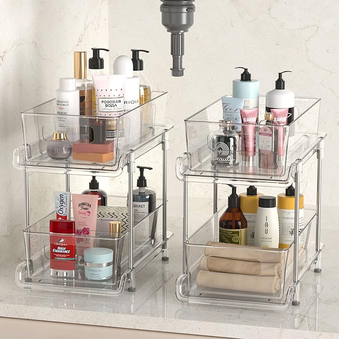 HIHEGD 2-Tier Bathroom Organizer with Dividers, Clear Under Sink and Pull-Out Cabinet Organizer for Kitchen and Pantry Storage