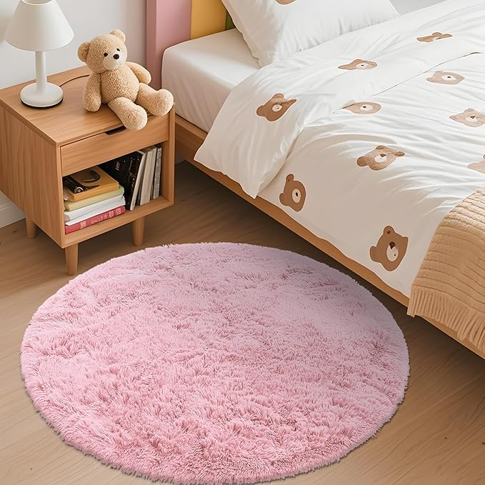 OLANLY Pink Round Rugs for Bedroom - Machine Washable, 3 ft Circle Area Rugs for Living Room, Soft and Fluffy Shaggy Carpet for Teen Girls and Boys, Nursery Rooms, Dorms, Home Decor Aesthetic