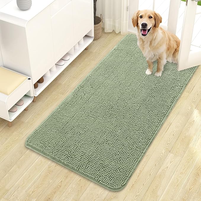OLANLY Dog Door Mat for Muddy Paws 44x24, Absorbs Moisture and Dirt, Absorbent Non-Slip Washable Doormat, Quick Dry Chenille Mud Mat for Dogs, Entry Indoor Entryway Carpet for Inside Floor, Sage Green